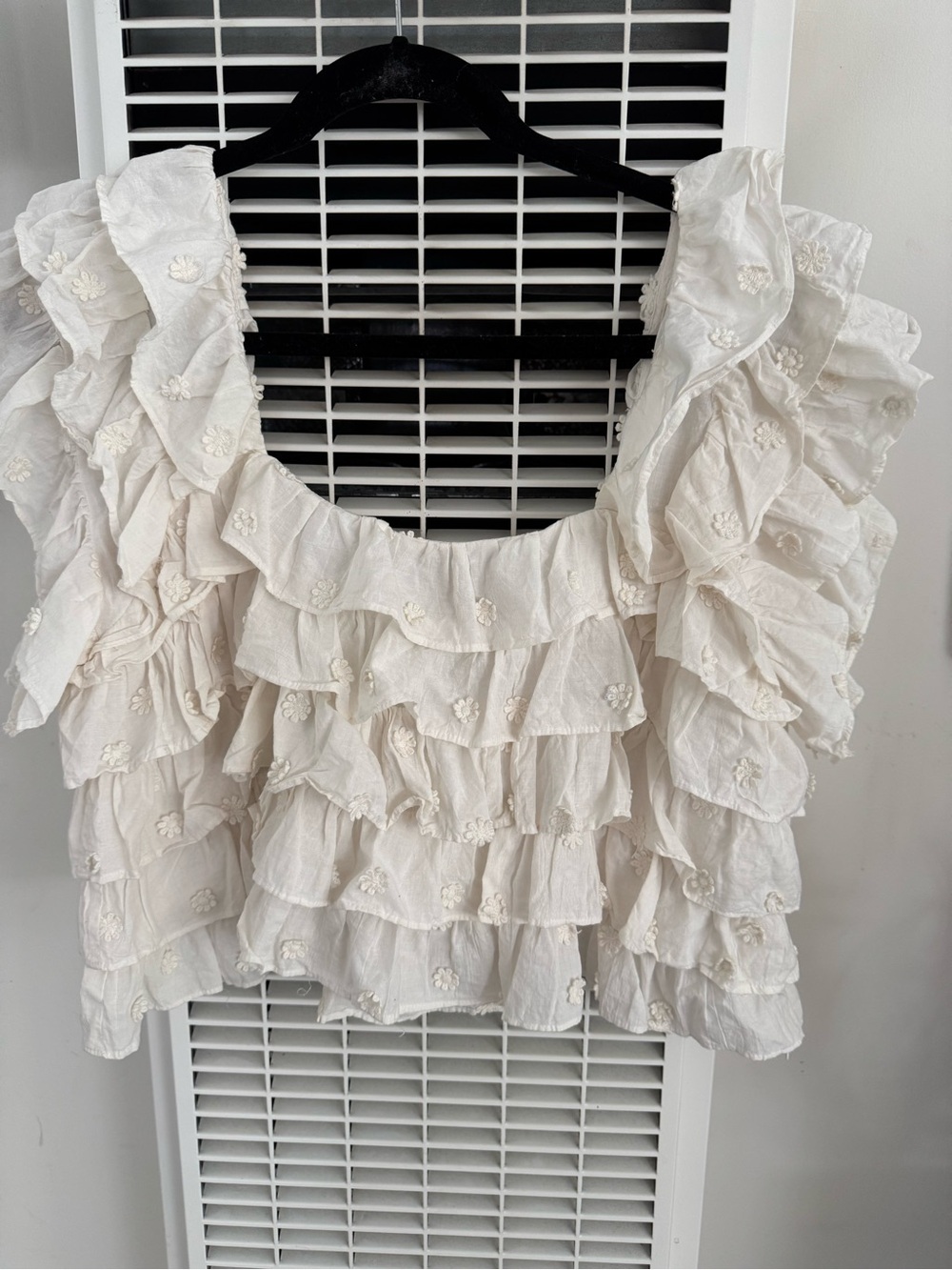 FARM Rio Ivory Ruffled Crochet-Embellished Blouse